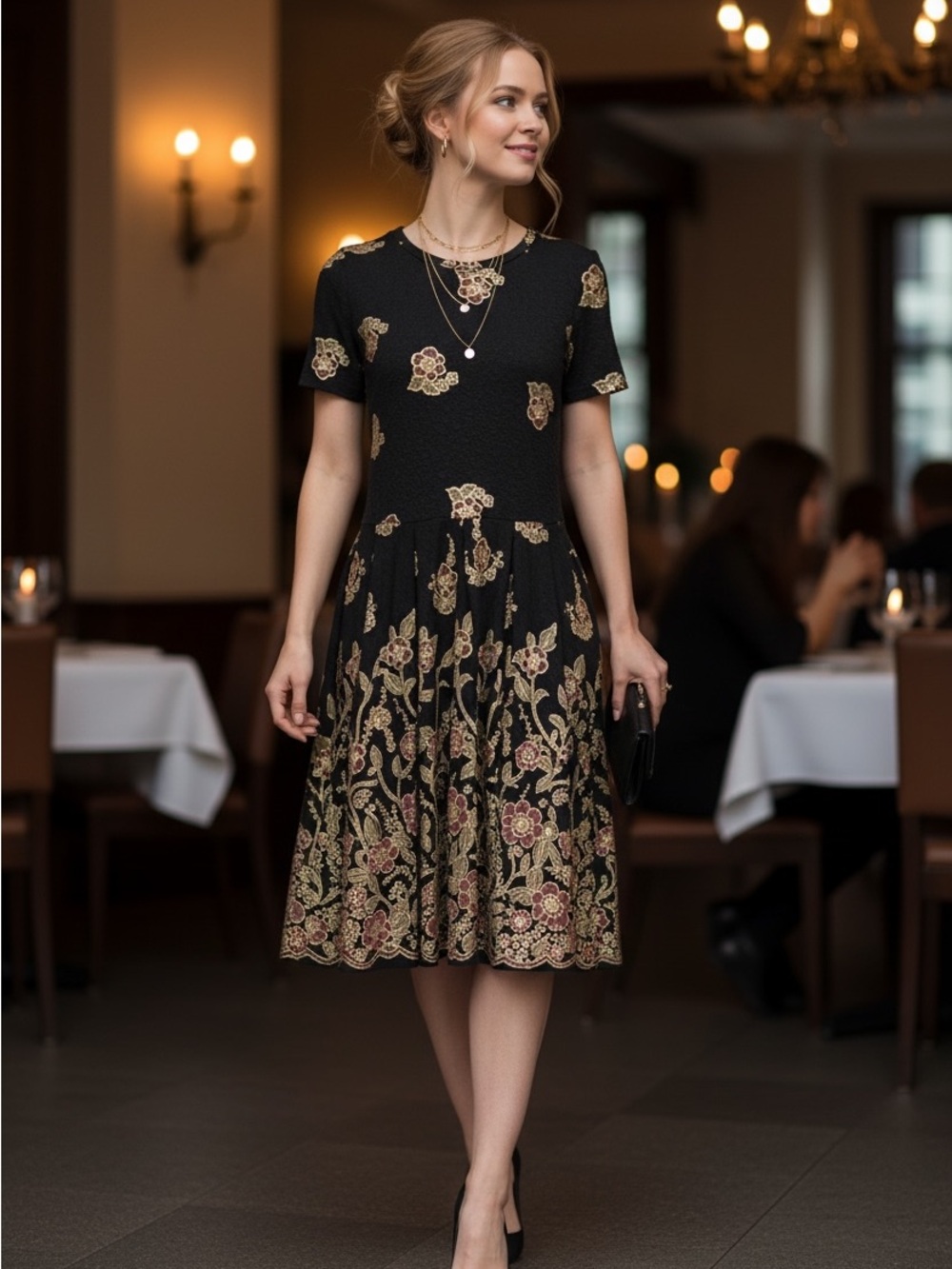 LuLaRoe Elegant Amelia Dress Medium Black Gold Foil‎ Floral Midi Pocket
